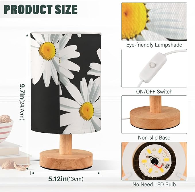 Black Daisy LED Table Lamp, Bedside Lamp with Linen Lampshade, Flicker-Free Eye Care USB Plug in Nightstand Lamp, for Bedroom and Office