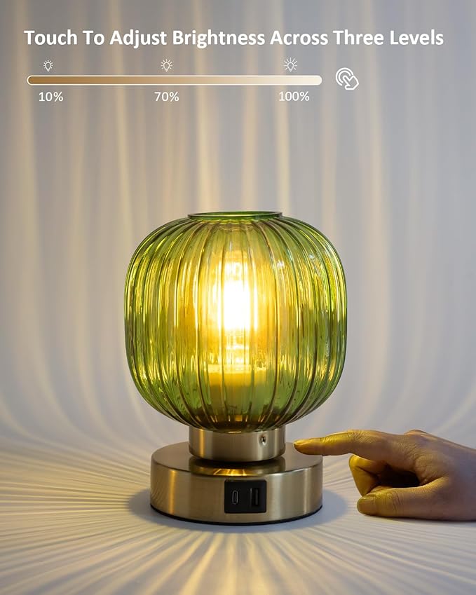 Touch Control Small Table Lamp Set of 2, Elegant Green Glass Bedside Lamp 3 Way Dimmable with USB C+A Charging Ports - Bedroom Nightstand & Living Room Essential, 4W Bulb Included