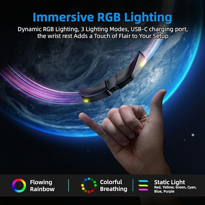 HornsX1 Right-Handed RGB Ergonomic Gliding Palm Rest for Mouse, Wrist Rest Pad, 3 RGB Lighting Modes, Reduce Wrist Pain, Anti-Fatigue, for Gaming/Office Work Casual Use - Black2, 1 PCS