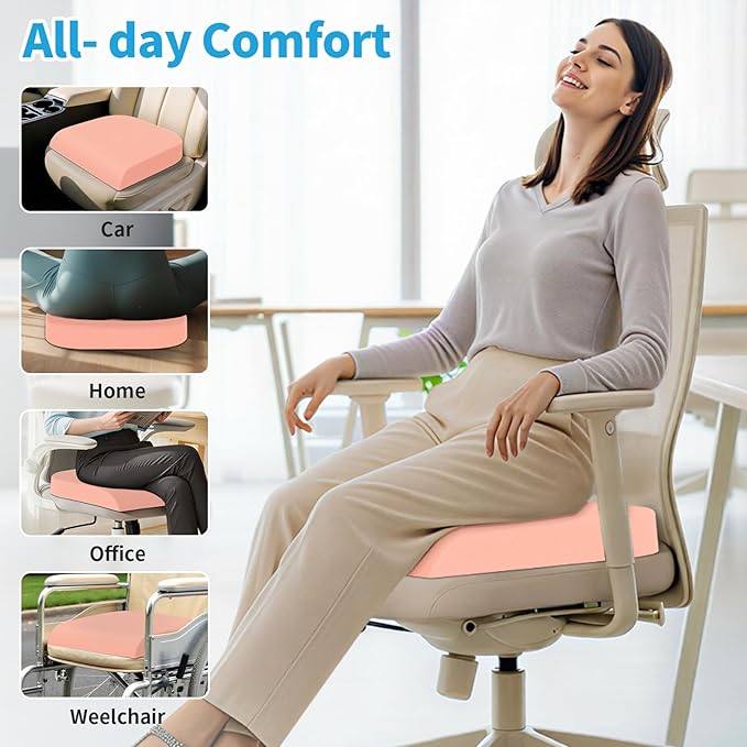 XLarge Seat Cushion, Memory Foam Cushion for Long Sitting Hours on Office Chair, Home & Car, Non-Slip Chair Pad for Relieving Back & Sciatica & Hip & Coccyx Pain (Pink)