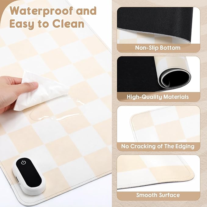 Konohan Heated Large Desk Mat PU Leather Cute Warm Mouse Pad with 5 Heating Level & 4 Hour Auto Shut-off Heating Keyboard Pad Warmer Gaming Mice Mat Only Supports 110v(beige checkerboard, 31.5" X 13")