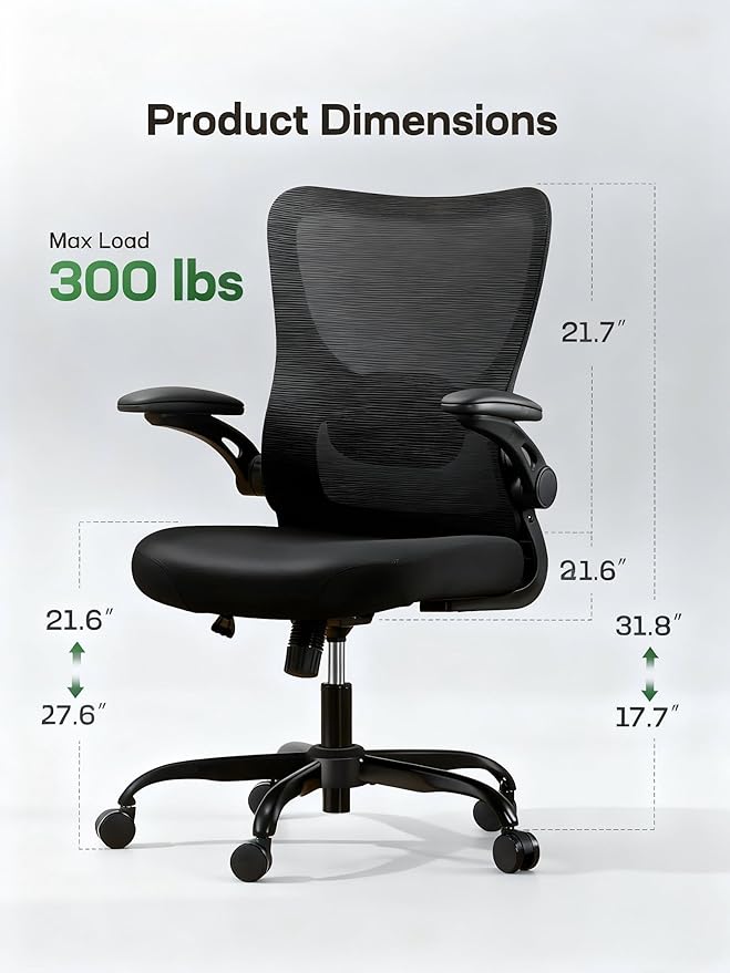 Marsail Ergonomic Office Chair with Adjustable Lumbar Support, 3-Way PU Armrests & Breathable Mesh for Home Office and Gaming