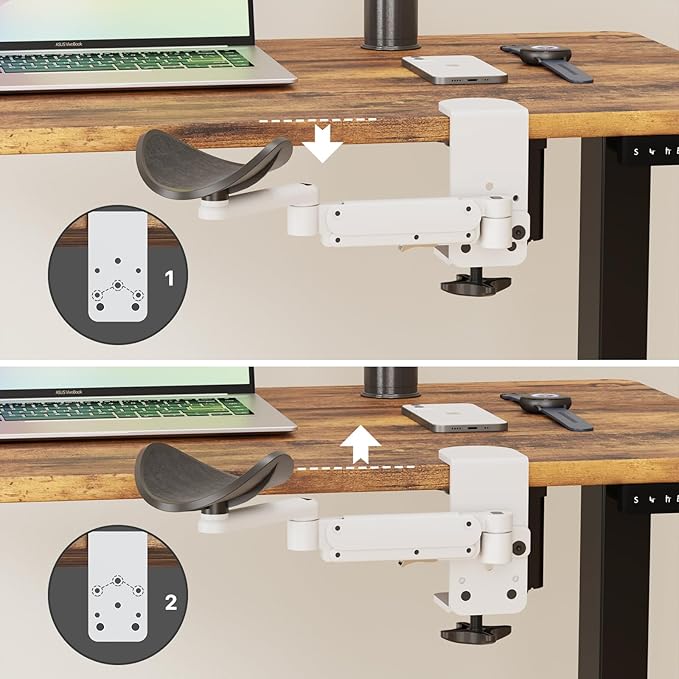 JOY worker Universal Clamp-on Adjustable Armrest, Ergonomic 360° Rotating Elbow Rest Pad for Desk, 6-Level Height Desk Arm Support for Thicker Desktop, Left/Right Hand, White