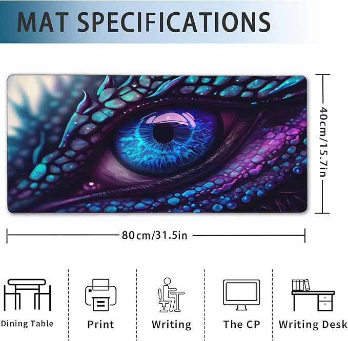 Desk Mat, Blue and Purple Fantasy Dragon Eye Extended Gaming Mouse Pad Large, 31.5"x15.7" Big Mouse Pad with Non-Slip Base and Stitched Edge, Long Computer Keyboard Mouse Mat for Home Office Work