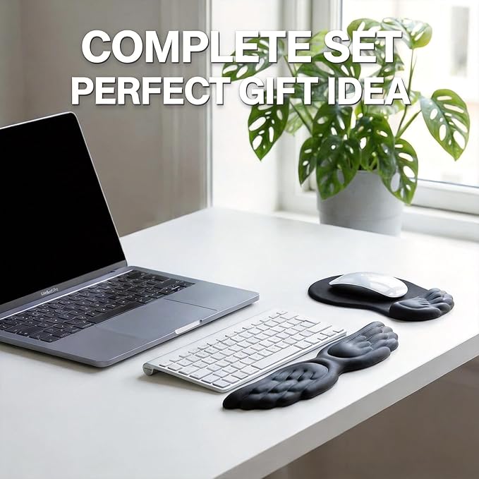 Angel Wing Wrist Rest Cute Wrist Rest for Keyboard and Mouse Hand Rests Set Include Ergonomic Keyboard & Mouse Hand Rest and Coaster Filled Resilient Memory Foam for Work Study Gaming- Black