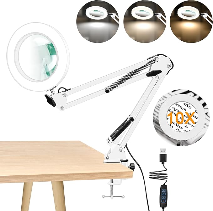 10X Magnifying Glass with Light and Clamp, Real Glass LED Lighted Magnifier, 3 Color Modes 10 Level Dimmable, Magnifying Lamp with Clamp for Reading Craft Hobby Close Work, White
