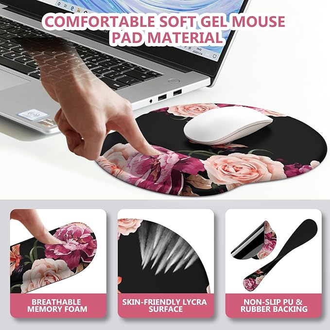 iLeadon Mouse Pad Set, Desk Mat + Mouse Pad with Wrist Rest + Keyboard Wrist Rest + Coaster, 4in1 Mouse and Keyboard Pad Set for Home Office, Peony Flowers