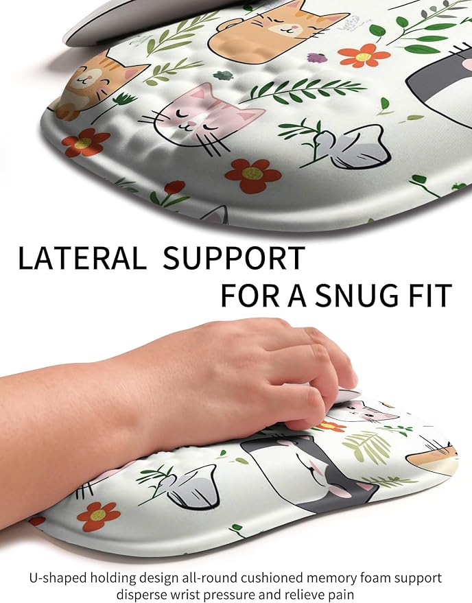 Hokafenle Ergonomic Wrist-Hugging Mouse Pad Wrist Support, U-Shaped Holding Wrist Rest Mousepad for Carpal Tunnel with Cushioned Memory Foam Slope Massage Bulge (10.2x8.3 in, Cute Cat)