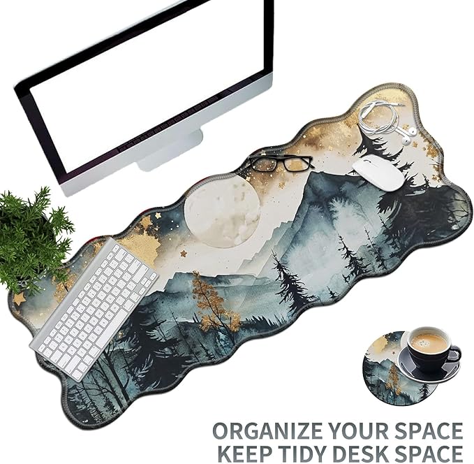 Landscape Forest Large Gaming Mouse Pad Plus a Coaster, 31.5 x 11.8 inches Desk Mat Extended XL Mousepad with Stitched Edge Non-Slip Rubber, Desk Pad Computer Mouse Mat for Home Office