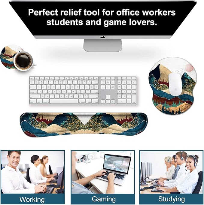 ArtSo Mouse Pad Keyboard Wrist Rest Support Ergonomic, Upgraded Cushion Mousepad Gel Memory Foam Non-Slip Rubber Base Wrist Support & Easy Typing for Home, Office, Colorful Mountain