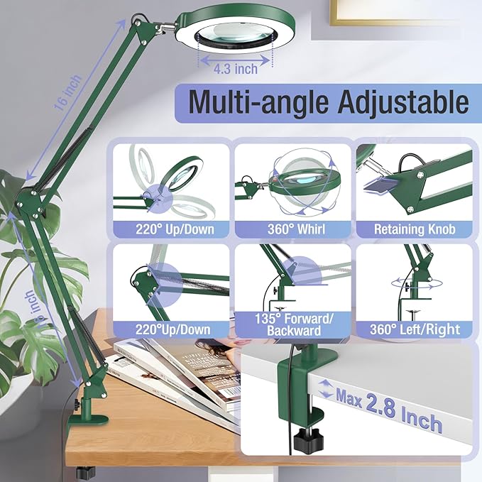 10X Magnifying Glass with Light and Clamp, Real Glass Stand Lighted Magnifier, 5 Color Modes Stepless Dimmable LED Desk Lamp Hands Free for Crafts Hobby Reading Painting Sewing Close Work Large Green
