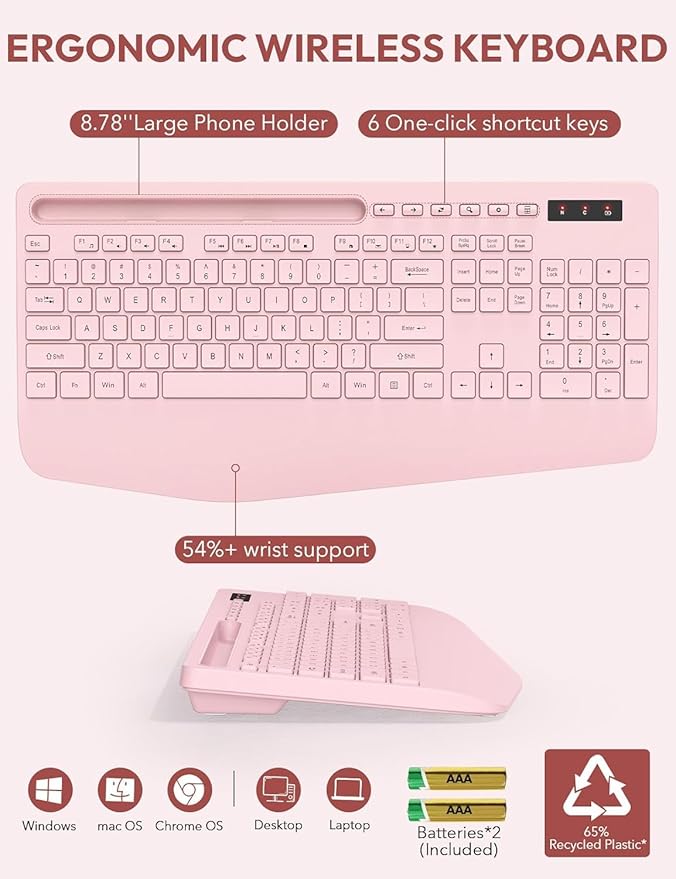 Wireless Keyboard and Mouse, Wrist Rest, Phone Holder, 2.4G Lag-Free Ergonomic Keyboards Mouse Combo, KM23D Silent Keyboards Set for Computer, Laptop, PC, Windows, Pink -SABLUTE
