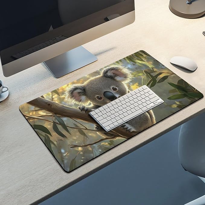 Large Ergonomic Gaming Mouse Pad Baby Koala on Eucalyptus Branch - Adorable Wildlife Theme with Non-Slip Base Water-Resistant Surface and Stitched Edges 40X75cm