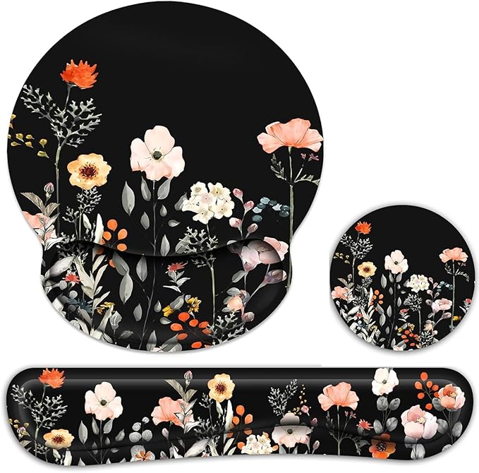 Ergonomic Mouse Pad with Wrist Rest and Keyboard Wrist Rest, Wrist Rest for Computer Keyboard, Easy Typing, Black Mouse Pad with Wrist Support for Gaming,Office, Laptop, Garden Flowers
