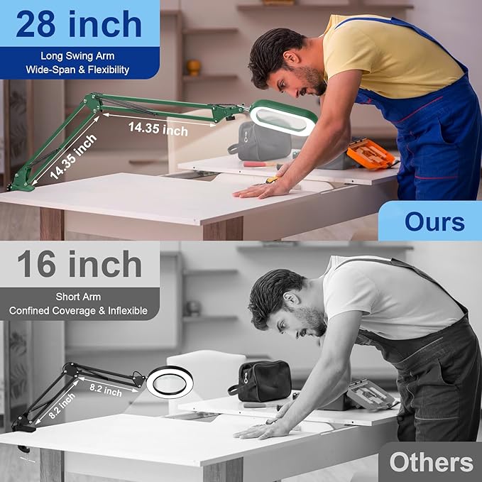 10X Large Magnifying Glass with Light and Clamp, Real Glass, 5 Color Modes, Stepless Dimmable, Lighted Magnifier with Stand Hands Free, LED Swing Arm Desk Lamp for Close Work, Craft, Painting - Green