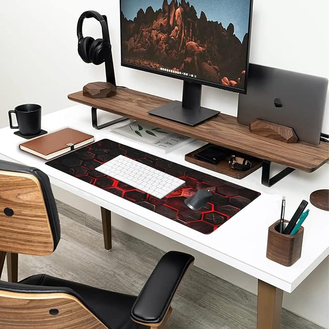 Large Gaming Mouse Pad for Desk,Red Honeycomb Science Technology Desk Mat,Honeycomb Hexagon Desk Pad,Extended Big Computer Keyboard Mouse Pad with Non-Slip Base Stitched Edges 31.5"x11.8"