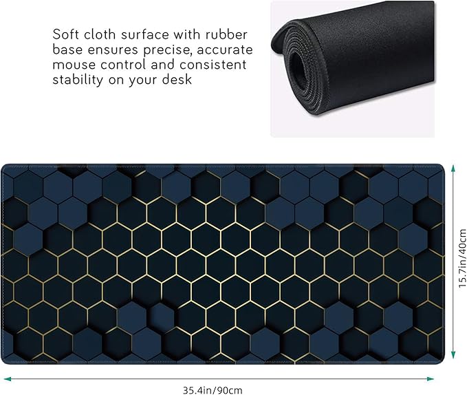 Desk Mat, Hexagon Gold Honeycomb XXL 35.4"x15.7"Large Gaming Mouse Pad, 3mm Thick Gaming Keyboard Pad,Desk Pad Non-Slip Rubber Base with Stitched Edges for Office Game Home Decor