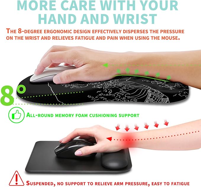Ergonomic Mouse Pad Wrist Support with Memory Foam Massage Bulge, Carpal Tunnel Mousepad Wrist Rest for Mouse(12x8 inch, Sea Wave)