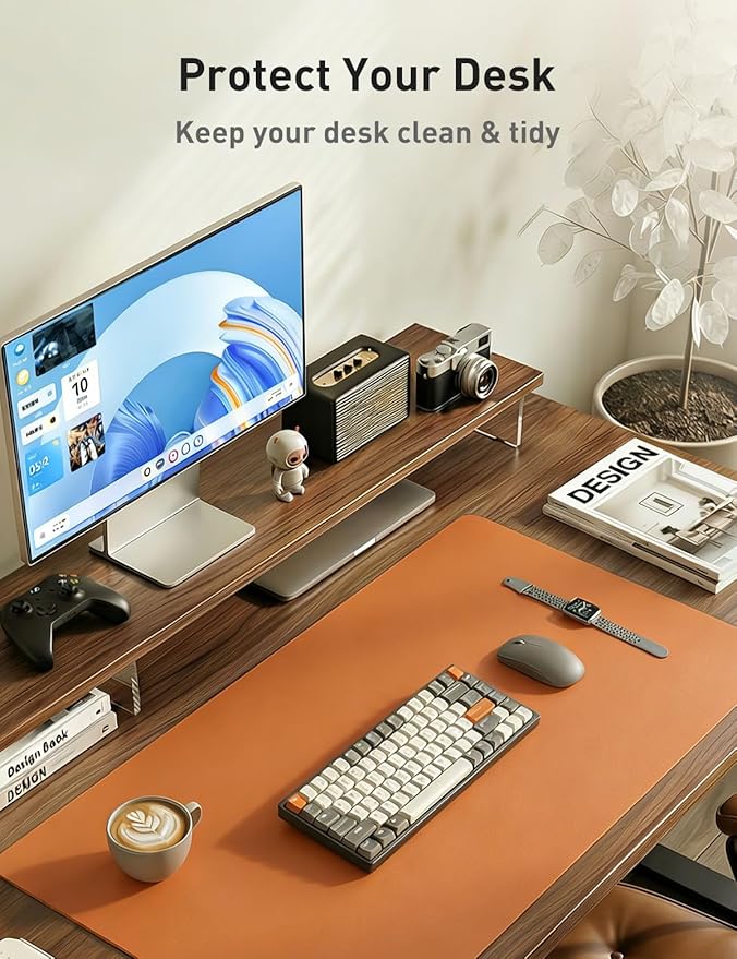 Aothia Faux Leather Desk Mat - Large Mouse Pad, Non-Slip PU Leather Blotter, Waterproof Writing Surface for Office and Home (Orange, 55" x 17")