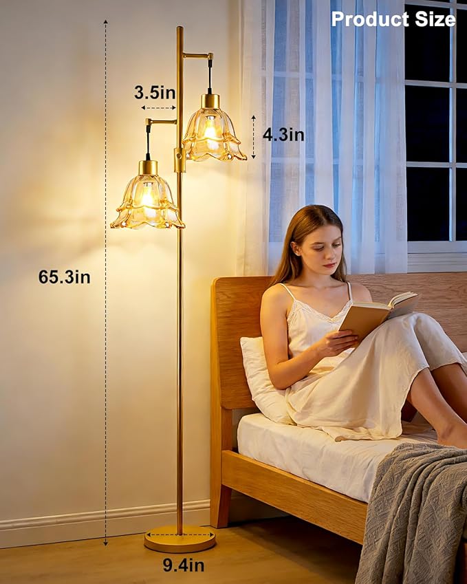 2-Light Gold Dimmable Floor Lamp for Living Room, 65IN Tall Standing Lamps with Brown Glass Lampshade, 3000K Warmwhite Mid Century Modern Floor Lamp for Bedroom/Sofa Beside/Corner Decor