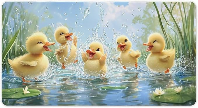 Large Ergonomic Gaming Mouse Pad Playful Ducklings in Pond - Cute Waterfowl Theme with Non-Slip Base Water-Resistant Surface and Stitched Edges 40X75cm