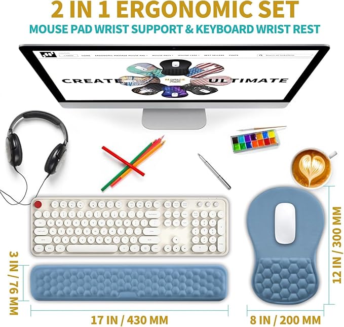 Hokafenle 2 in 1 Ergonomic Mouse Pad Wrist Support & Wrist Rest for Computer Keyboard Set, with Memory Gel Massage Bulge Design (2In1 Set, Lake Blue)