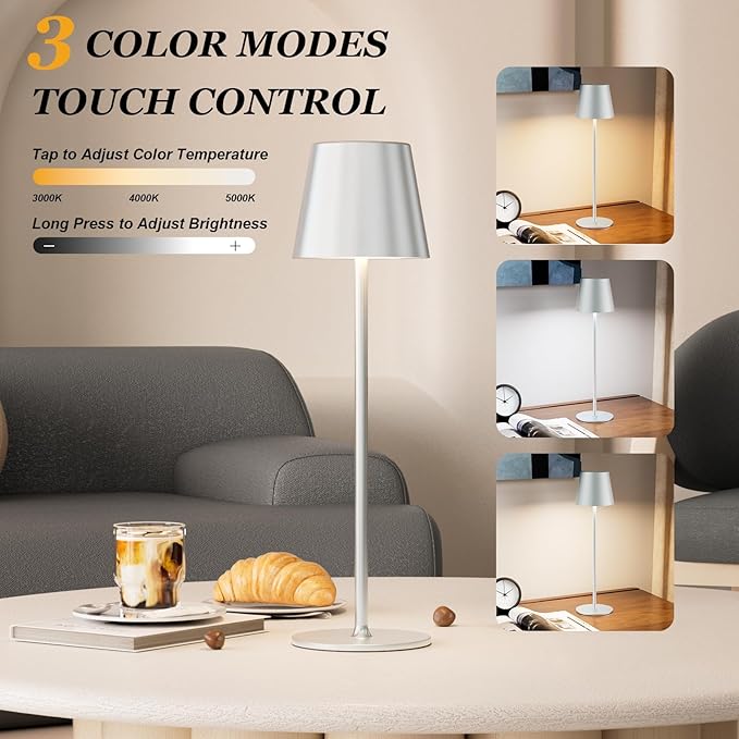 Cordless Table Lamp Rechargeable - Silver Grey 2 Pack 5000mAH Battery Operated Lamp for Counter, 3 Color Stepless Dimming Waterproof LED Wireless Lamp for Dining Kitchen, Outdoor Patio, Touch Control