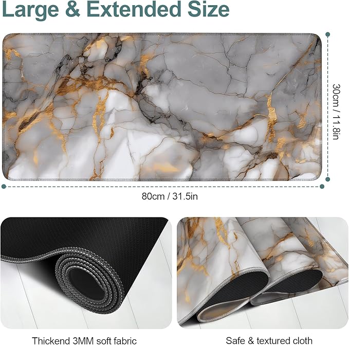 Marble Extended Gaming Mouse Pad 31.5x11.8inches Large Desk Mat Anti-Slip Rubber Base & Durable Stitched Edges for Gamers Smooth Mouse Writing Surface for Desk Office/Home