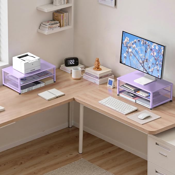 2-Tier Computer Monitor Stand Riser, Desk Organizer for Monitor, Printer & Laptop Stand, Desktop Workspace Organizers for Office Supplies(Purple)