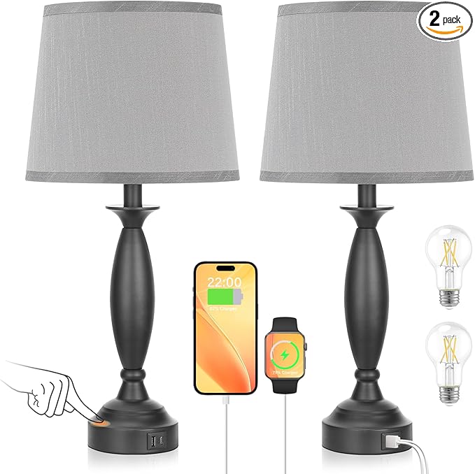 Seealle Grey Lamps for Bedrooms Set of 2 - Touch Control Bedside Lamp with USB C+A, 3 Way Dimmable Nightstand Lamps with USB Port, Table Lamp for Living Room(Grey Shade and Black Base)