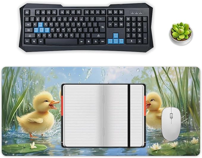 Large Ergonomic Gaming Mouse Pad Playful Ducklings in Pond - Cute Waterfowl Theme with Non-Slip Base Water-Resistant Surface and Stitched Edges 40x90cm