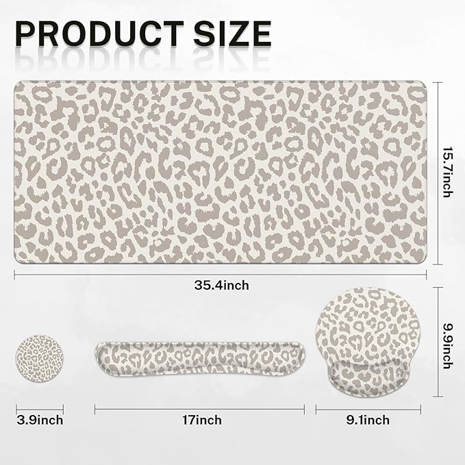 Arttown Leopard Light Khaki Desk Mat Animal Skin Mouse Pad Set 4 in 1 Ergonomic Design Large Desk Pad + Keyboard Wrist Rest + Mouse Wrist Rest + Coaster Suitable for Home Office Study Game
