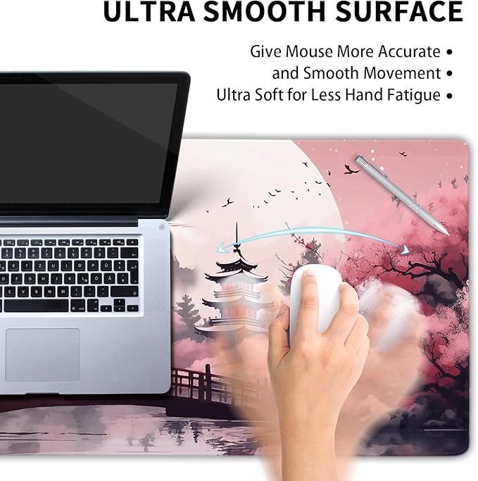 Pink Japanese Cherry Blossom Large Mouse Pad XXL Sakura Forest Tree Sun Tower Mountain Extended Large Desk Mat Big Desk Pad 90X40 CM Non-Slip Rubber Base Stitched Edge Long Mousepad,35.4 x 15.7 Inch
