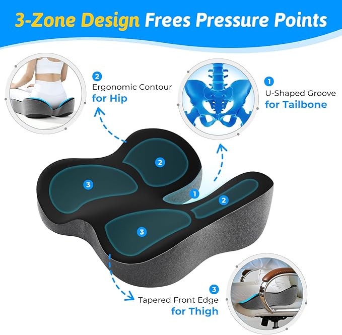 Seat Cushion for Tailbone & Sciatica Support - Plush Yet Supportive Ergonomic Memory Foam Chair Cushions for Office Chair, Car, Wheelchair, Airplane & Long Sitting