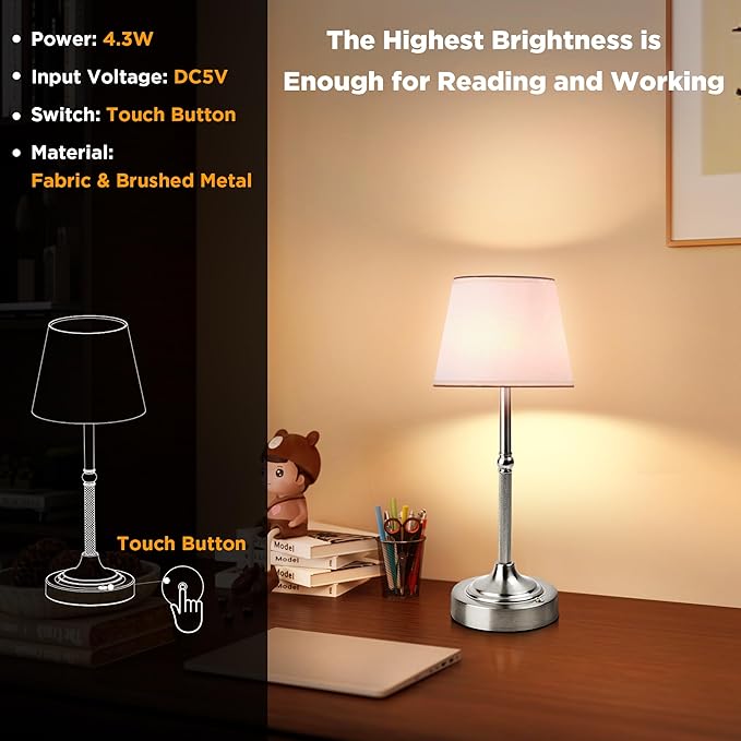 LUTEC 2 Pack Cordless Table Lamp, Battery Operated Lamp with 3 Color Temps and Stepless Dimming, 5200mAh Portable Rechargeable Table Lamp for Restaurant/Bedroom/Bars/Outdoor (Silver)