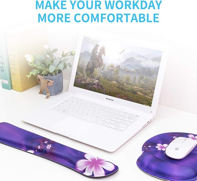Ergonomic Keyboard Mouse Pad Wrist Rest Support Set for Laptop/Computer/Desktop,Memory Foam Hand Rest Wrist Cushion for Gaming/Office,Lightweight Comfortable (Purple, Flower)