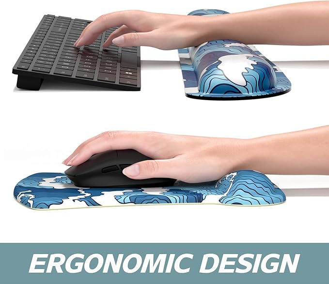 ITNRSIIET Mouse Pad Wrist Support Keyboard Wrist Rest Pad Ergonomic Mousepad Non-Slip Memory Foam Keyboard Pad Easy Typing Pain Relief Perfect for PC Laptop Gaming Office, Japanese Style Waves