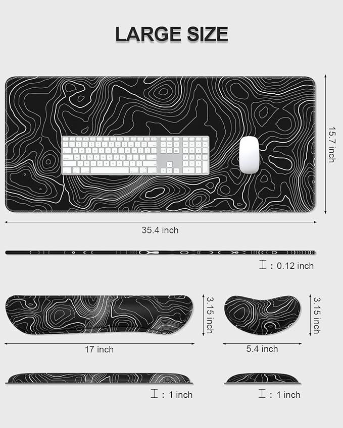 Auhoahsil Large Mouse Pad with Wrist Rests for Keyboard & Mouse, Thick Soft Ergonomic Memory Foam Wrist Supports, Big & Long Desk Mat 35.5 x 15.7 in, for Office Gaming Computer, Black Contour