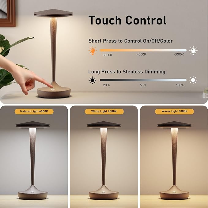 YHT 2Pack CordlessTable Lamps Rechargeable, 6000mAh Battery Portable LED Touch Led Table Lamp, 3-Color Stepless Dimming & Memory Function, for Outdoor, Dinning, Patio, Restaurant, Kitchen (2 Rust)