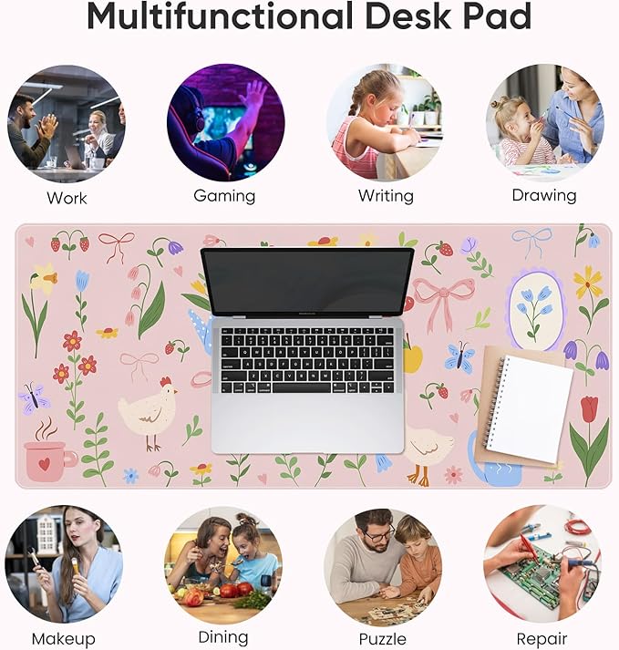 Desk Mat, Leather Desk Pad Blotter Protector, XXL Large Mouse Pad,Computer Laptop Mouse Pads for Desktop,Waterproof Writing Anti-Slip Mousepad for Office and Home I Pink Animals & Flowers