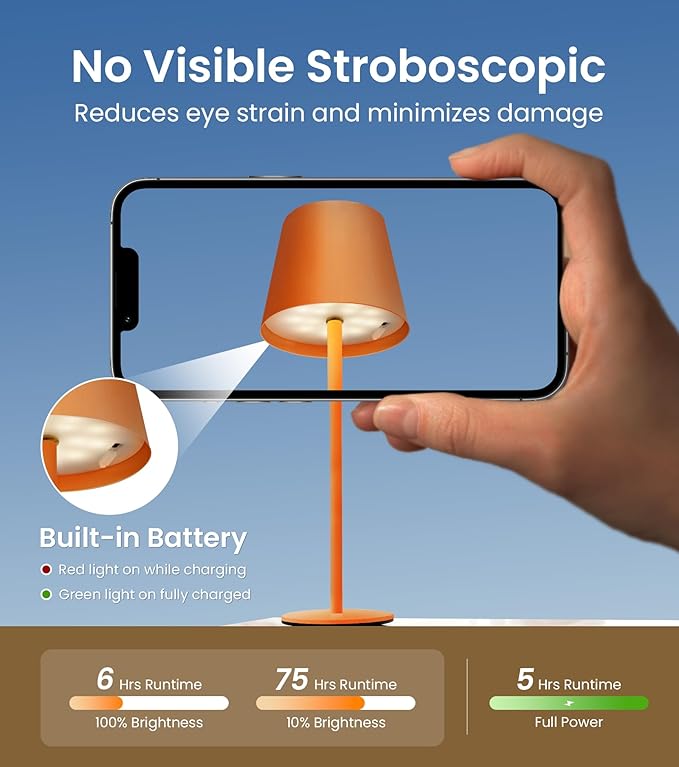 3 Pack Cordless Table Lamp, Portable Battery Operated Lamp with 3 Color Temps and Stepless Dimming, Rechargeable Table Lamp for Dinner, Desk, Cafe, Outdoor (Orange)