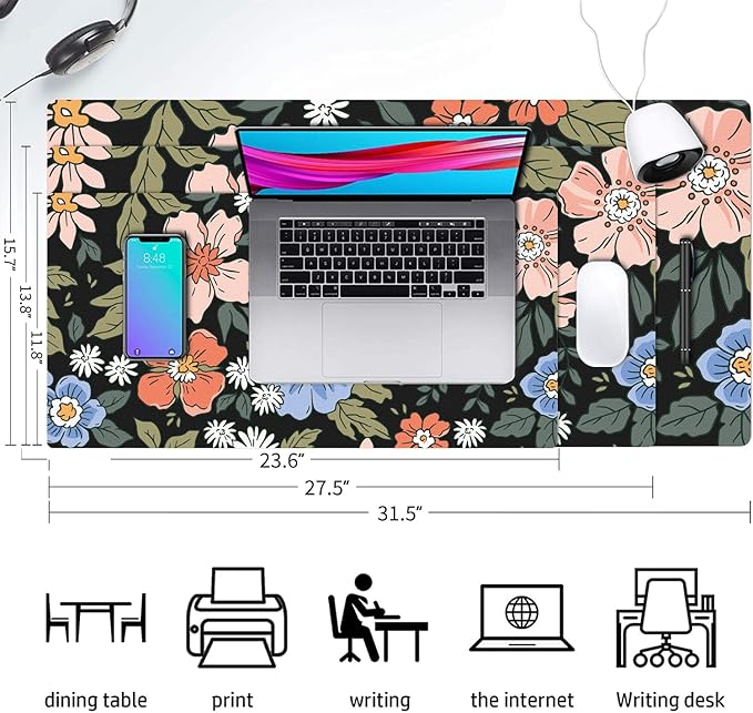 Desk Mat Large Protector Pad 23.6" ×11.8", Non-Slip PU Leather Desk Blotter, Waterproof Mouse Pad for Office Home Wildflower