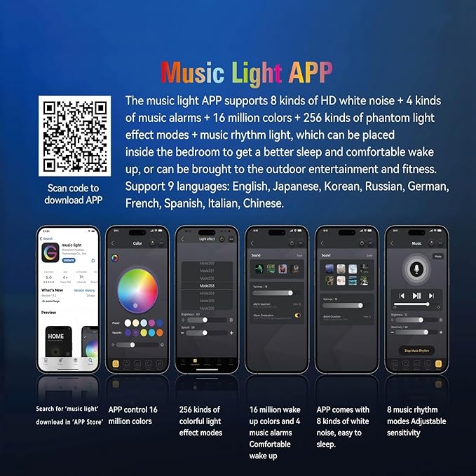 Smart Table Lamp, 15W Wireless Charger Station with LED Atmosphere Lamp, Bedside Night Light, Alarm Clock, Bluetooth Speaker with App Control for Home Decor, Gift for Girls Boys for Birthday Christmas