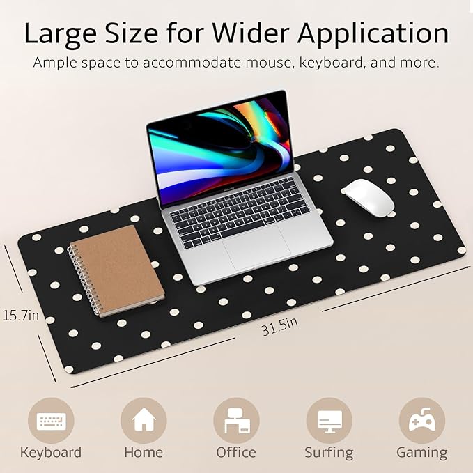 Mouse Pad Leather Desk Mat Large Keyboard Cute Office Desktop Computer Laptop XXL Long Big Aesthetic Modern Design Women Girls Gaming Gamer Oversized Wide Mousepad 31.5"x15.7", Polka Dots