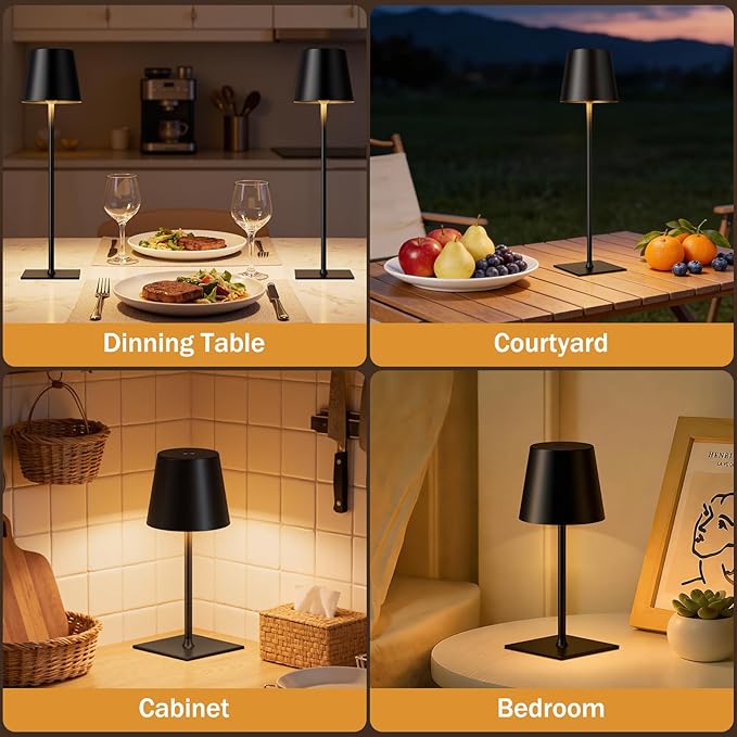 Black Cordless Rechargeable Table Lamp, 4 Pack Portable Desk Lamp with 5000mAh Battery, Touch Control Stepless Dimming, Wireless Night Light for Dining, Outdoor Camping, Coffee Shop, Waterproof Design