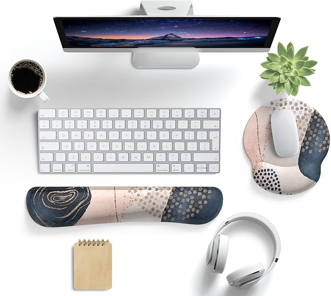 Ergonomic Boho Mouse Pad with Wrist Support Gel and Keyboard Wrist Rest, Non-Slip Pu Base Gaming Kawaii Cute Mouse Pad for Boho Office Decor, Easy Typing