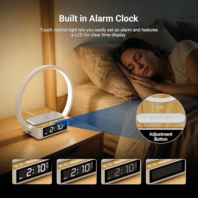 NEEWER Entry Level Version Bedside Lamp with 15W Wireless Charging Compatible with iPhone AirPods, Sunrise Alarm Clock, Dimmable Desktop LED Touch Ring Light for Bedroom Nightstand Reading, N40