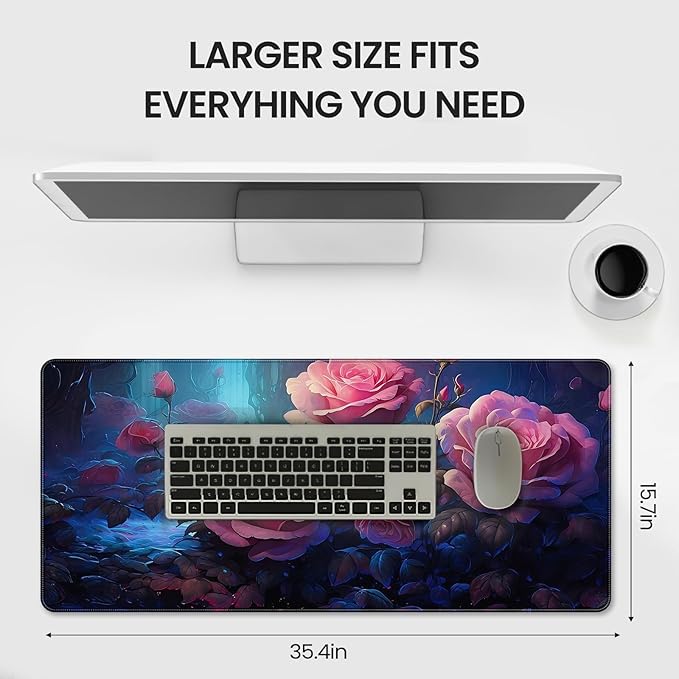 Extended Mouse Pad, Pink Roses Floral Design, 35.4 x 15.7 Inches, Microfiber Cloth Surface with Non-Slip Rubber Base, Rectangular Gaming Desk Mat
