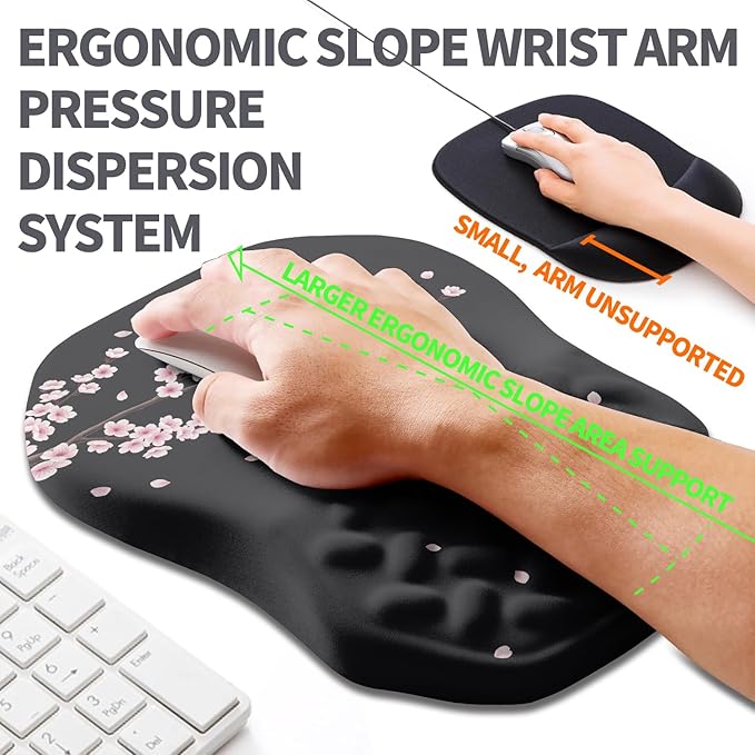 Ergonomic Slope Mouse Pad Wrist Support, Wrist Rest Mousepad for Carpal Tunnel with Massage Bulge and Slow Rebound Memory Foam (12x8 inch, Pink Blossom)