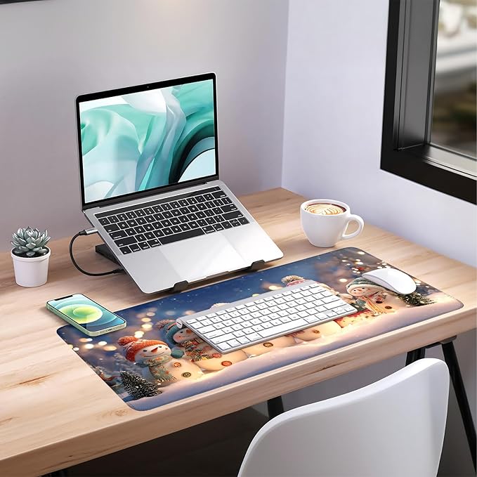 Six Snowmen Extended Gaming Mouse Pad 35.4x15.7Inch Large Desk Mat Anti-Slip Rubber Base & Durable Stitched Edges for Gamers Smooth Mouse Writing Surface for Desk Office/Home